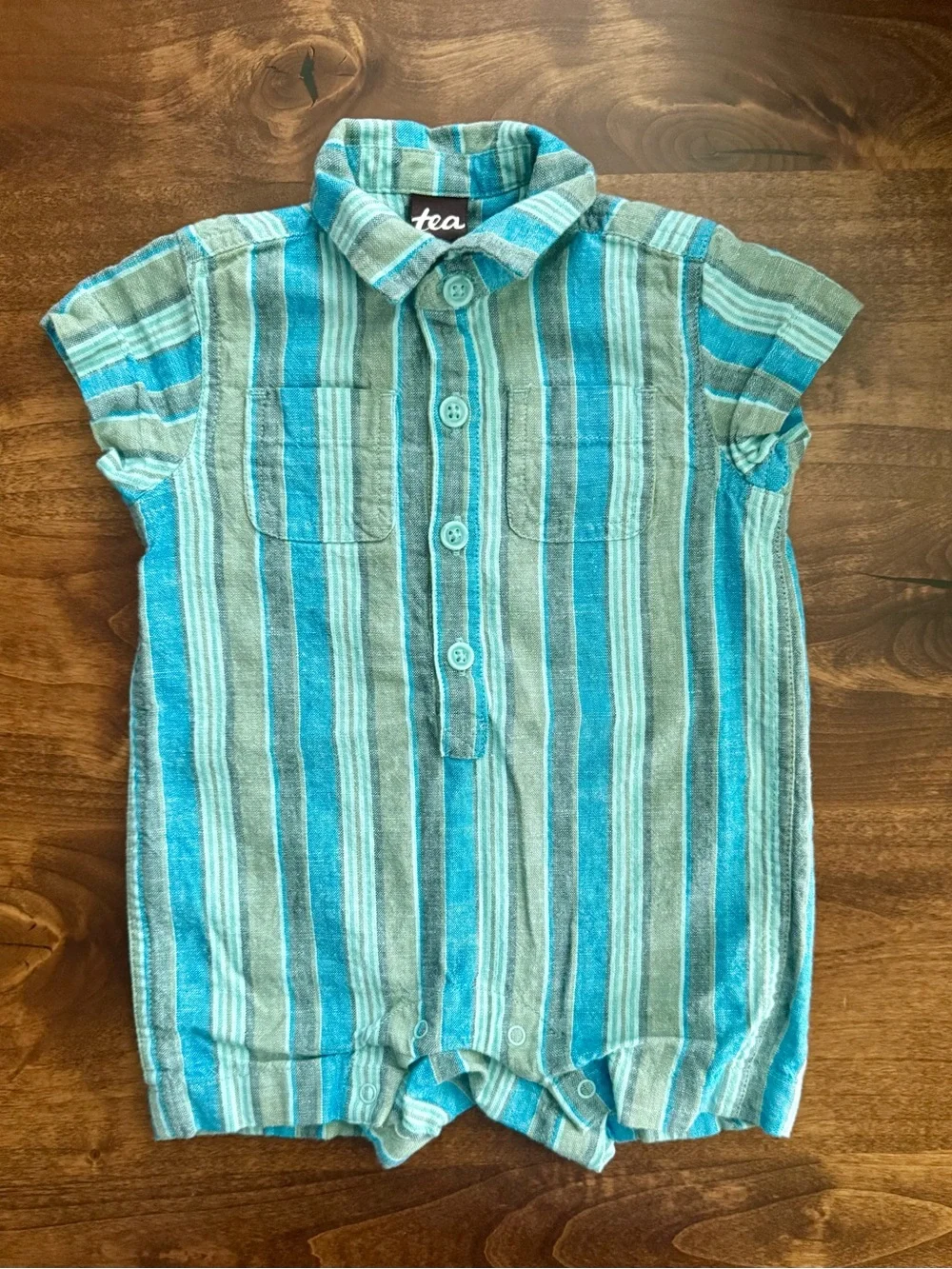 Tea Collection Linen Blend Ocean Coastal Stripe Button Romper Size 6-9 Months